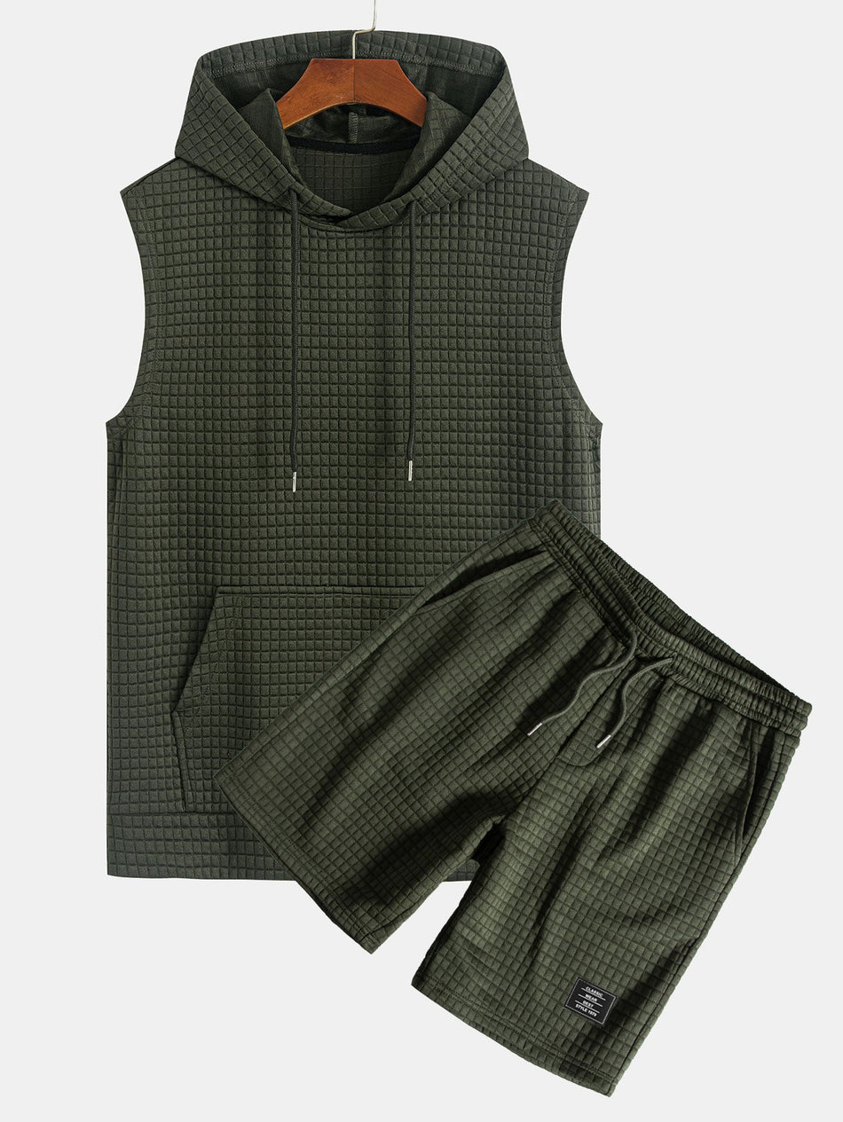 Waffle Sleeveless Hooded T-Shirt With Kangaroo Pocket & Shorts