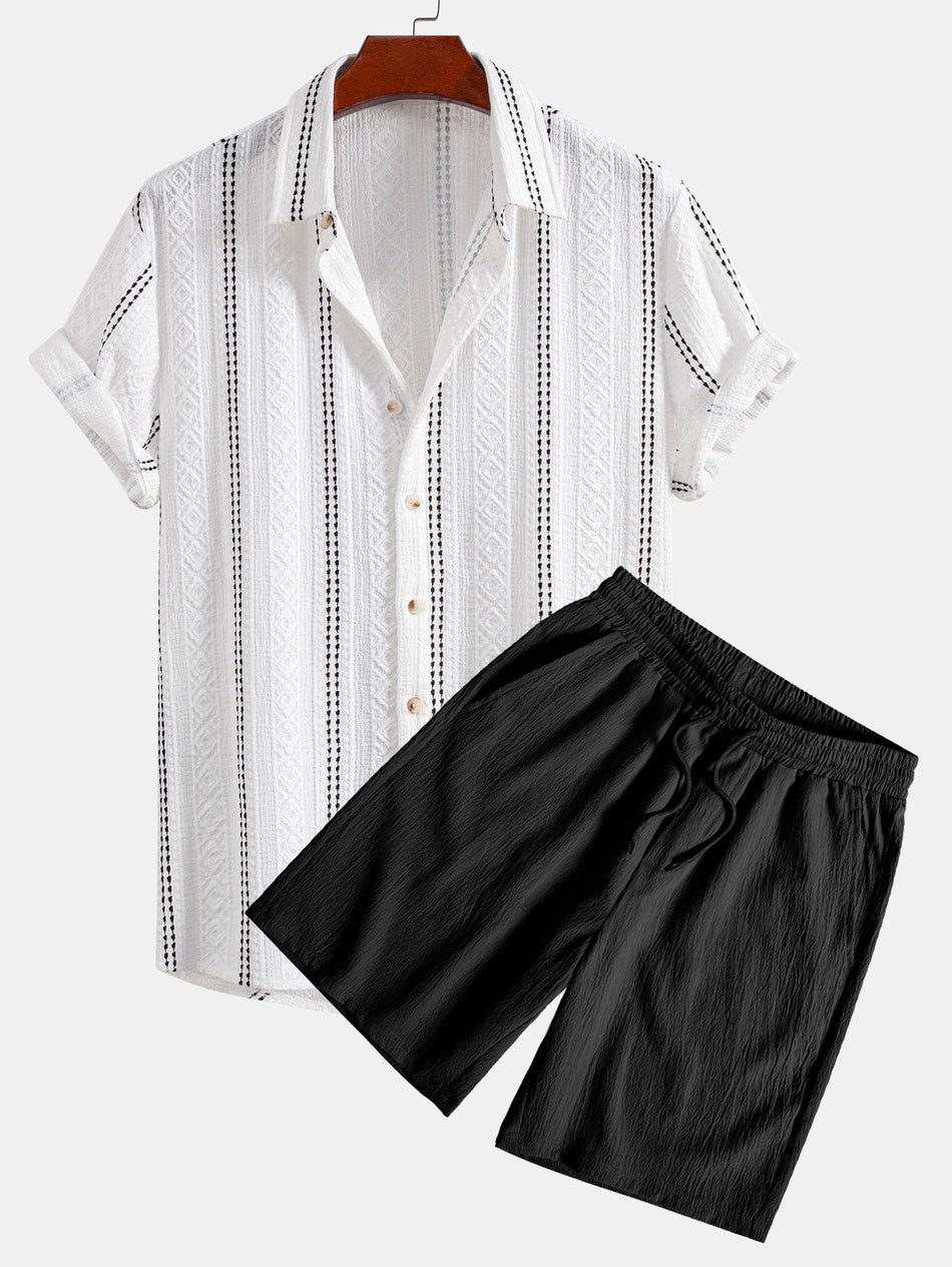 Geometric Striped Jacquard Button Up Shirt & Crinkled Textured Drawstring Shorts