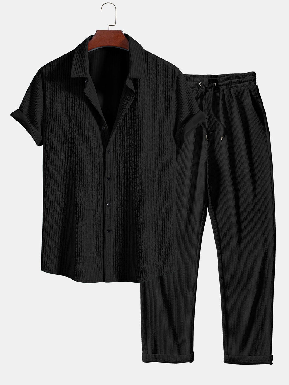 Muscle Fit Ribbed Button Up Shirt & Straight Leg Ribbed Pants