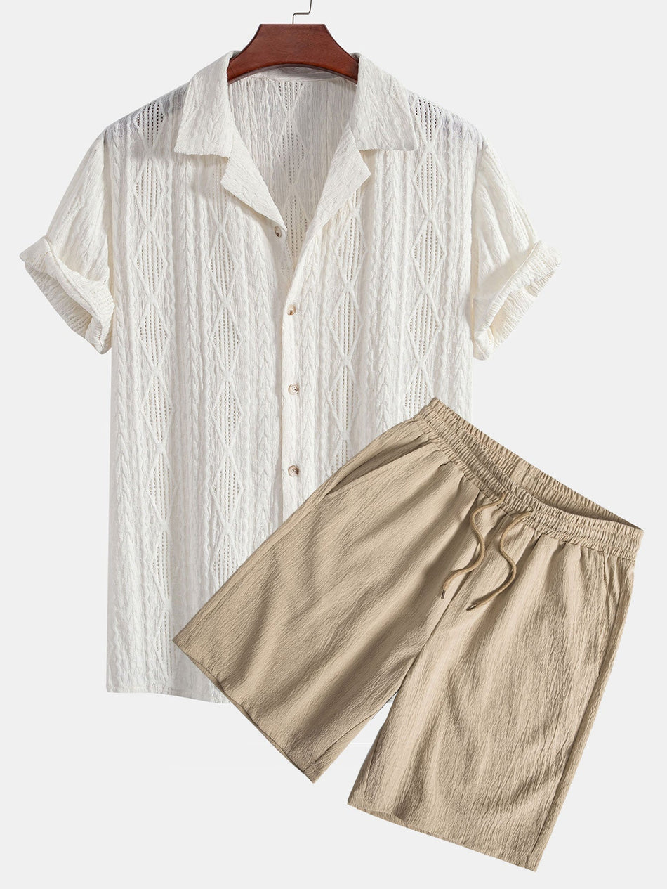 Geometric Jacquard Eyelet Cuban Shirt & Crinkled Textured Drawstring Shorts