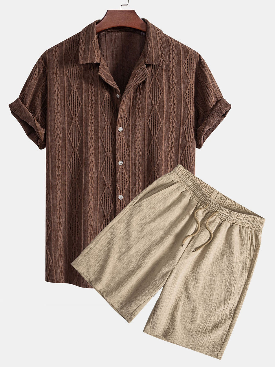 Geometric Jacquard Eyelet Cuban Shirt & Crinkled Textured Drawstring Shorts