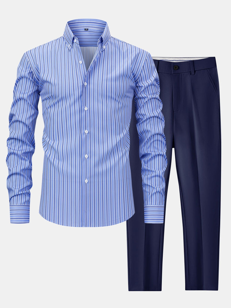 Long Sleeve Stripe Button Up Shirt & Slim Fit Tapered Trousers