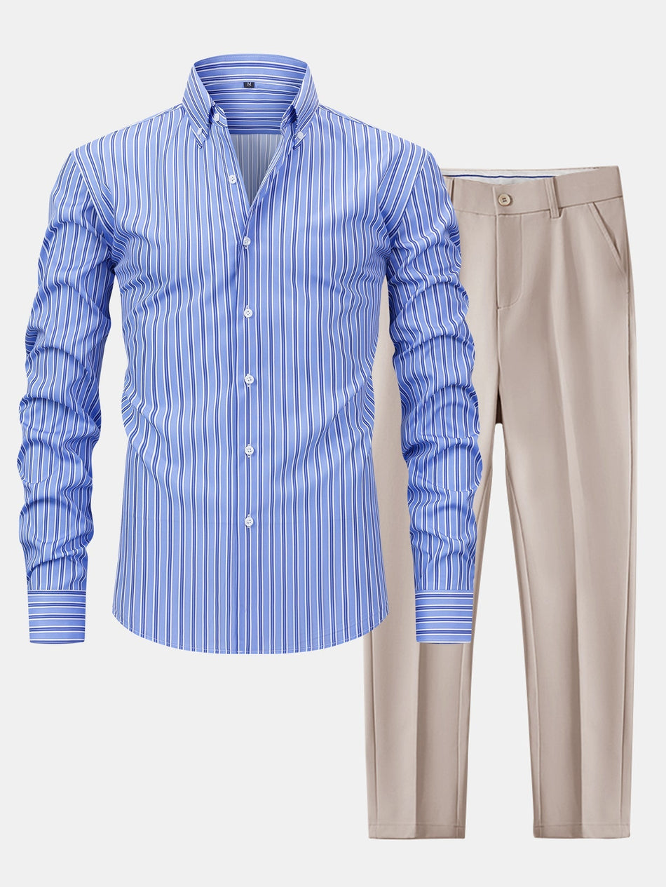 Long Sleeve Stripe Button Up Shirt & Slim Fit Tapered Trousers