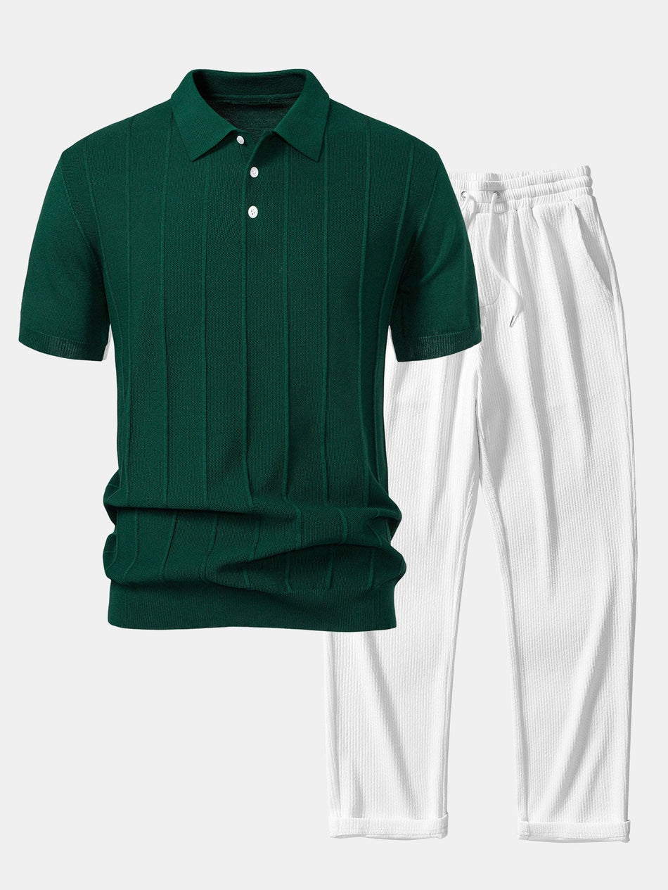 Stripe Jacquard Knit Polo Shirt & Straight Leg Ribbed Pants