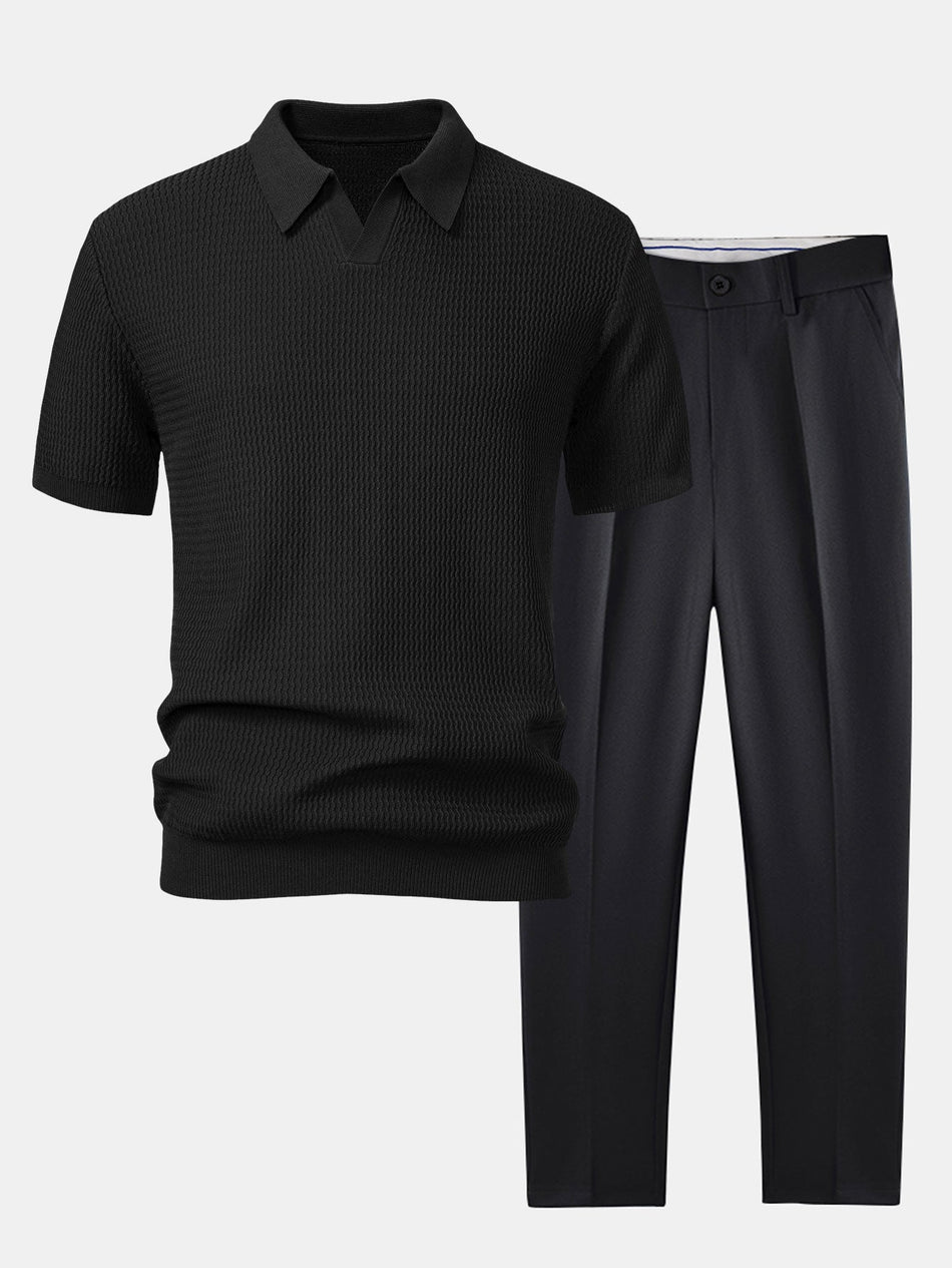 Wave Jacquard Knit V Neck Polo Shirt & Slim Fit Tapered Trousers