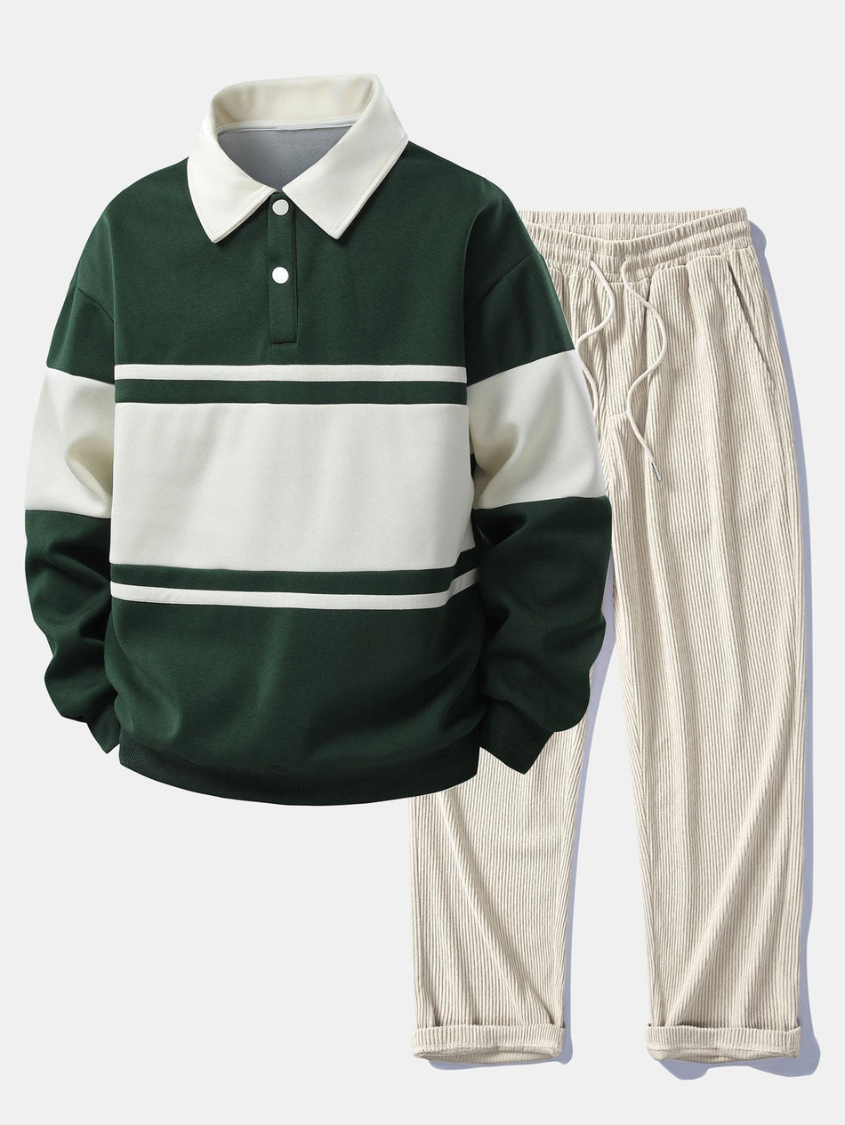 Relax Fit Color Block Patchwork Polo Sweatshirt & Straight Leg Corduroy Pants