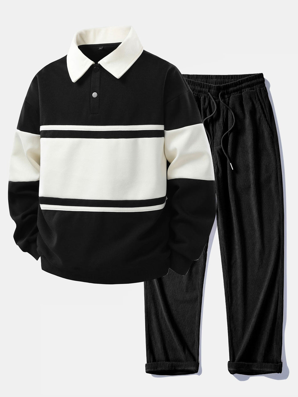 Relax Fit Color Block Patchwork Polo Sweatshirt & Straight Leg Corduroy Pants