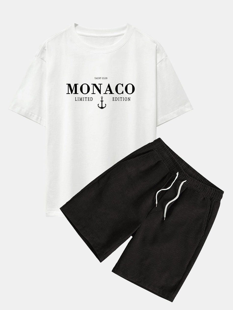 Monaco Slogan Print Drop Shoulder Oversize T-Shirt & Drawstring Corduroy Shorts
