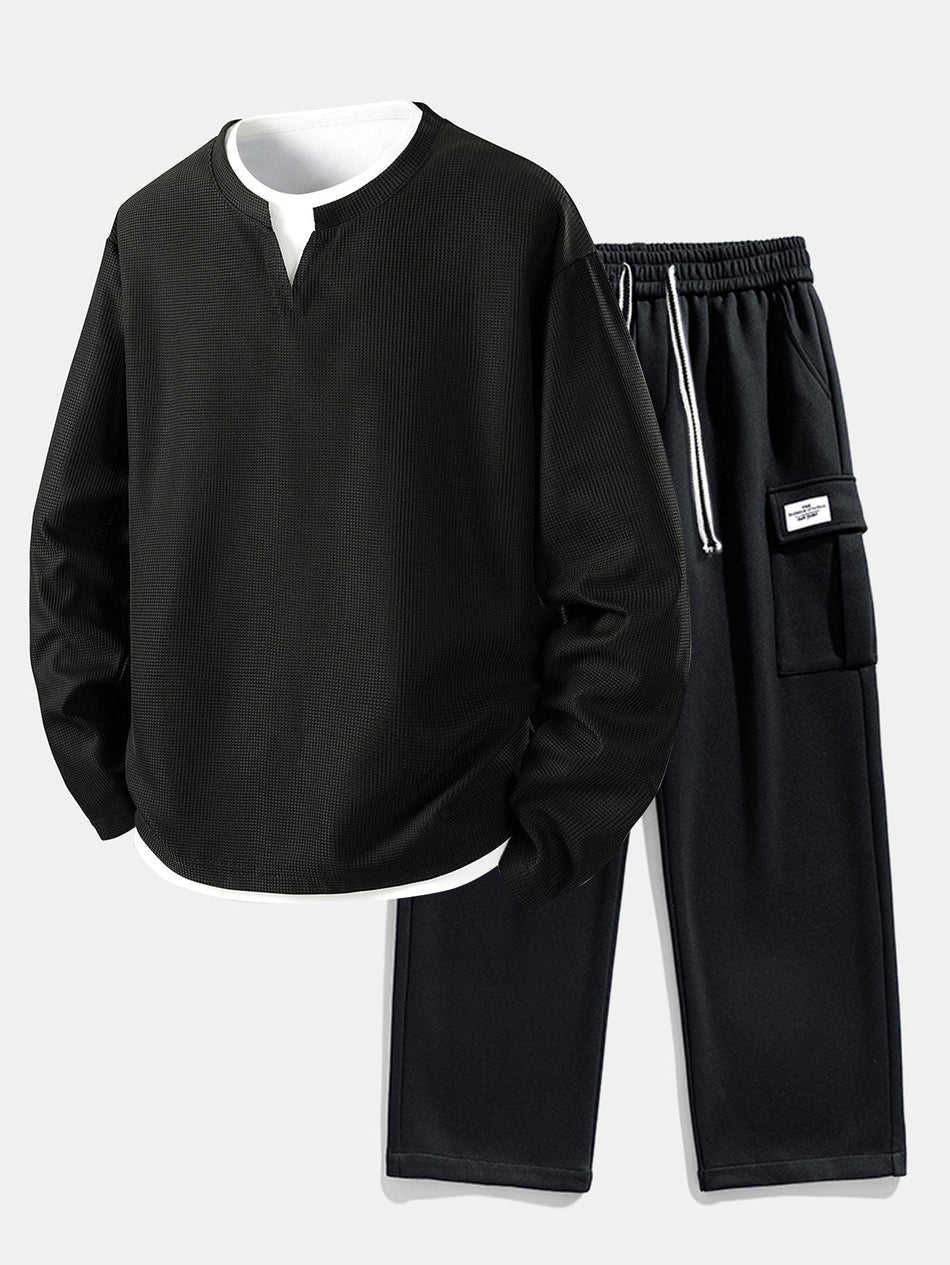 Relax Fit Long Sleeve 2 In 1 Waffle T-Shirt & Relax Fit Straight Leg Jersey Cargo Pants