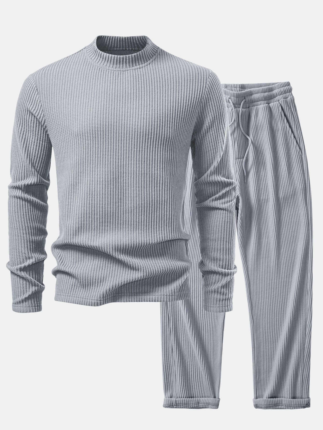 Long Sleeve Waffle Mock Neck T-Shirt & Drawstring Knitted Waffle
