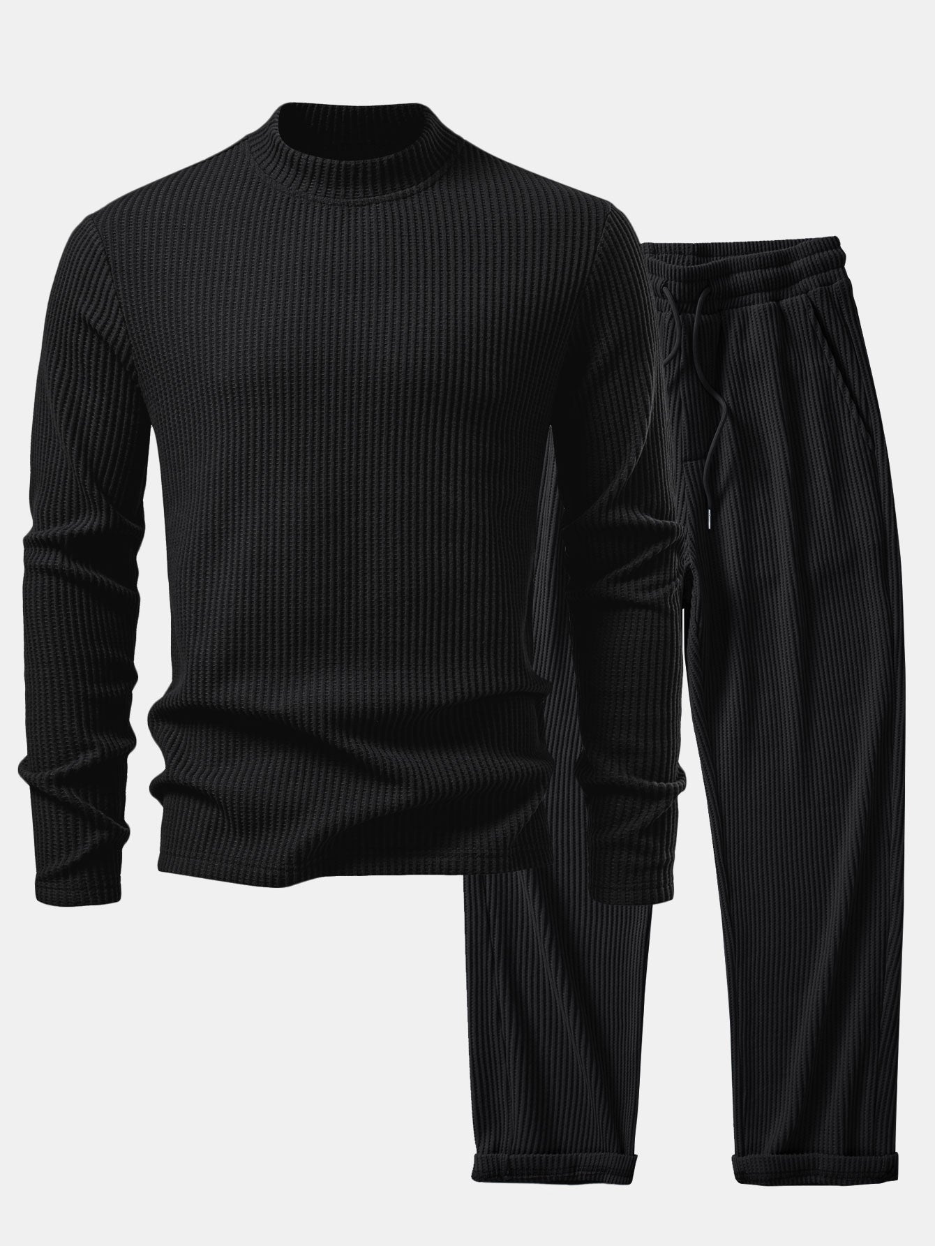 BREATHABLE WAFFLE MOCK NECK TEE &PANTS上下 Long Sleeve Waffle Mock Neck T-Shirt & Drawstring Knitted Waffle