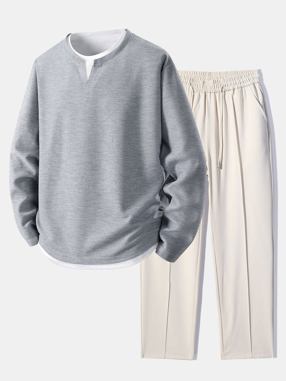 Relax Fit Long Sleeve 2 In 1 Waffle T-Shirt & Single Pleat Drawstring Straight Leg Pants