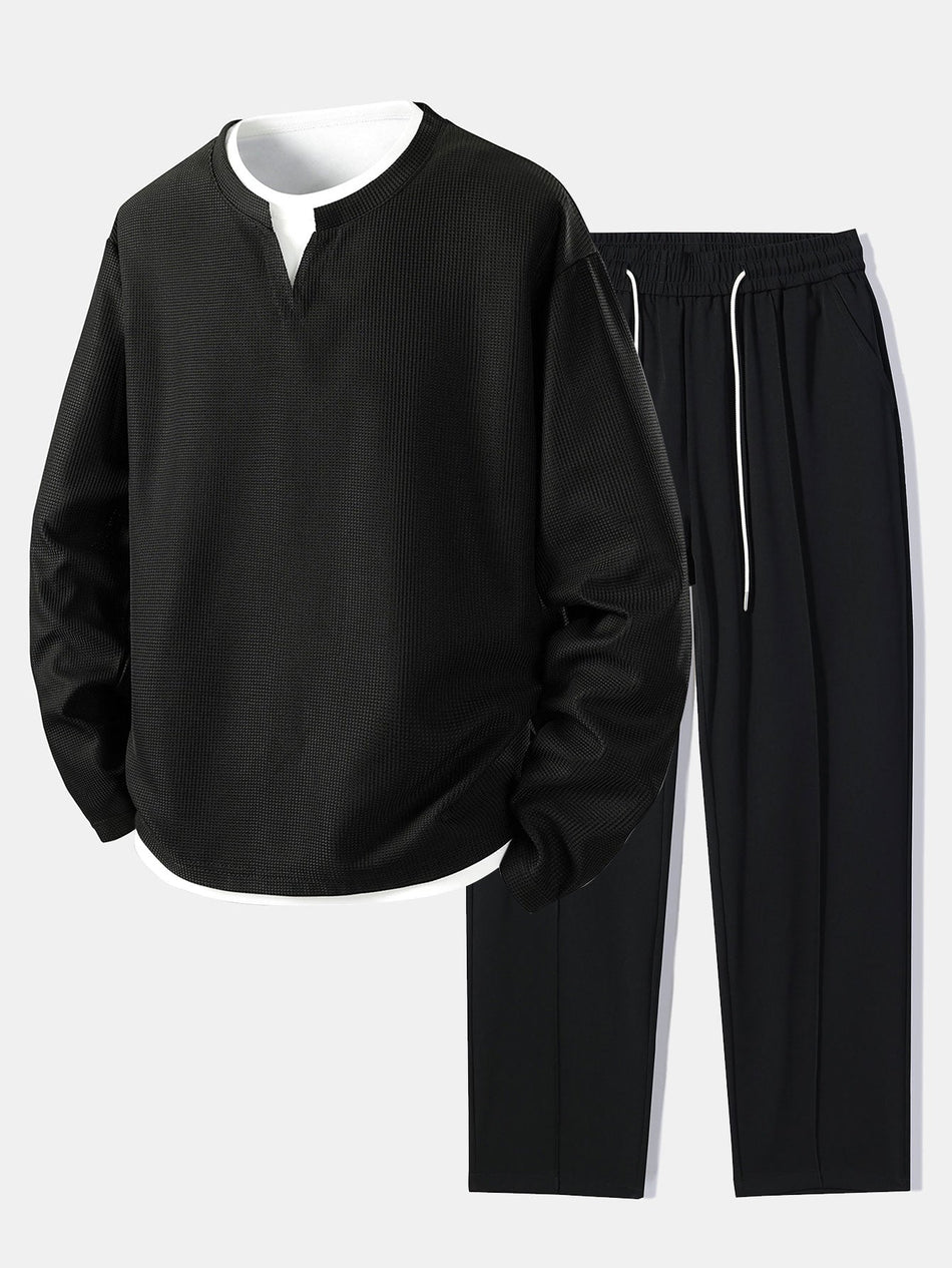Relax Fit Long Sleeve 2 In 1 Waffle T-Shirt & Single Pleat Drawstring Straight Leg Pants