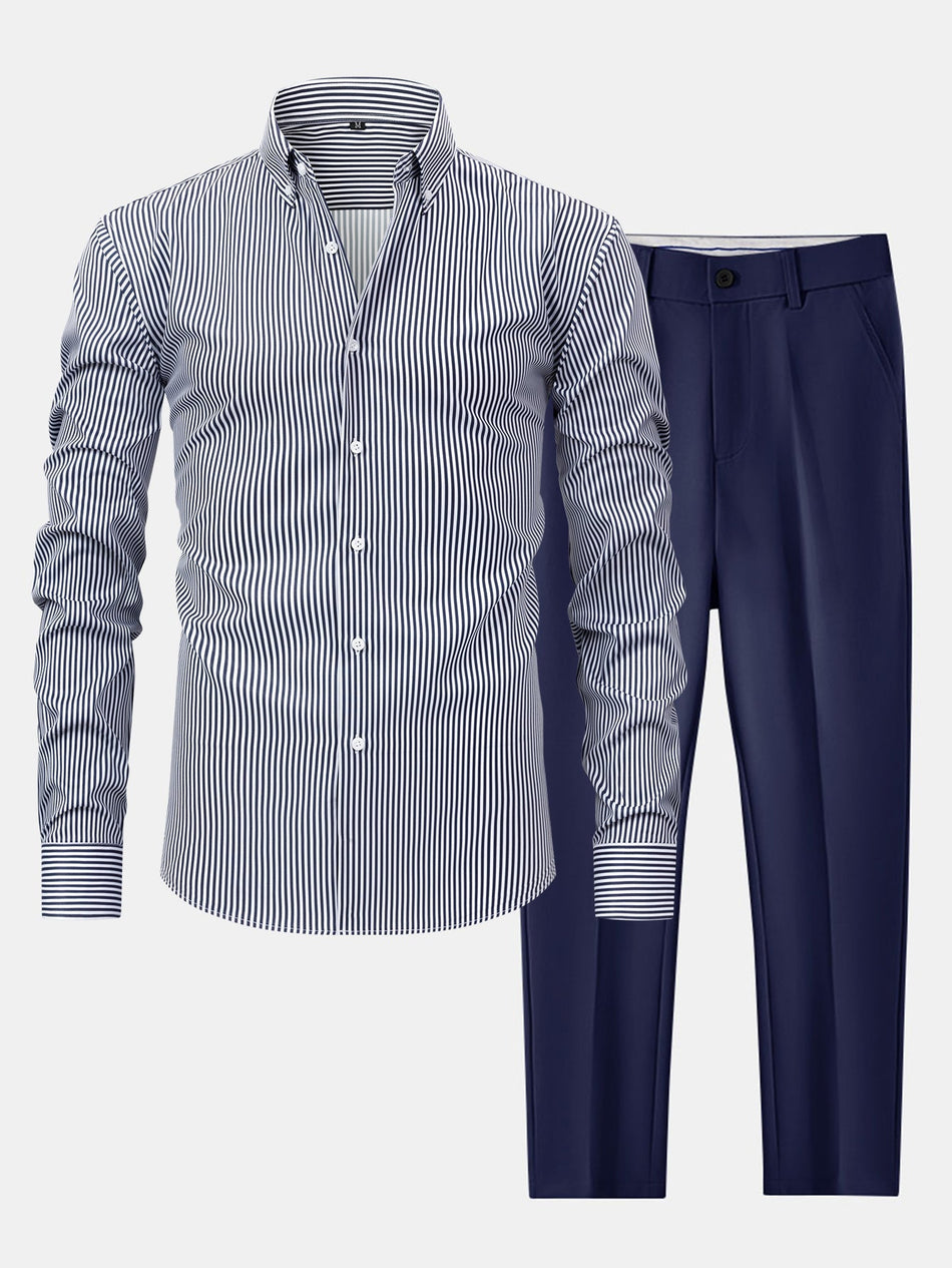 Long Sleeve Stripe Button Up Shirt & Slim Fit Tapered Trousers