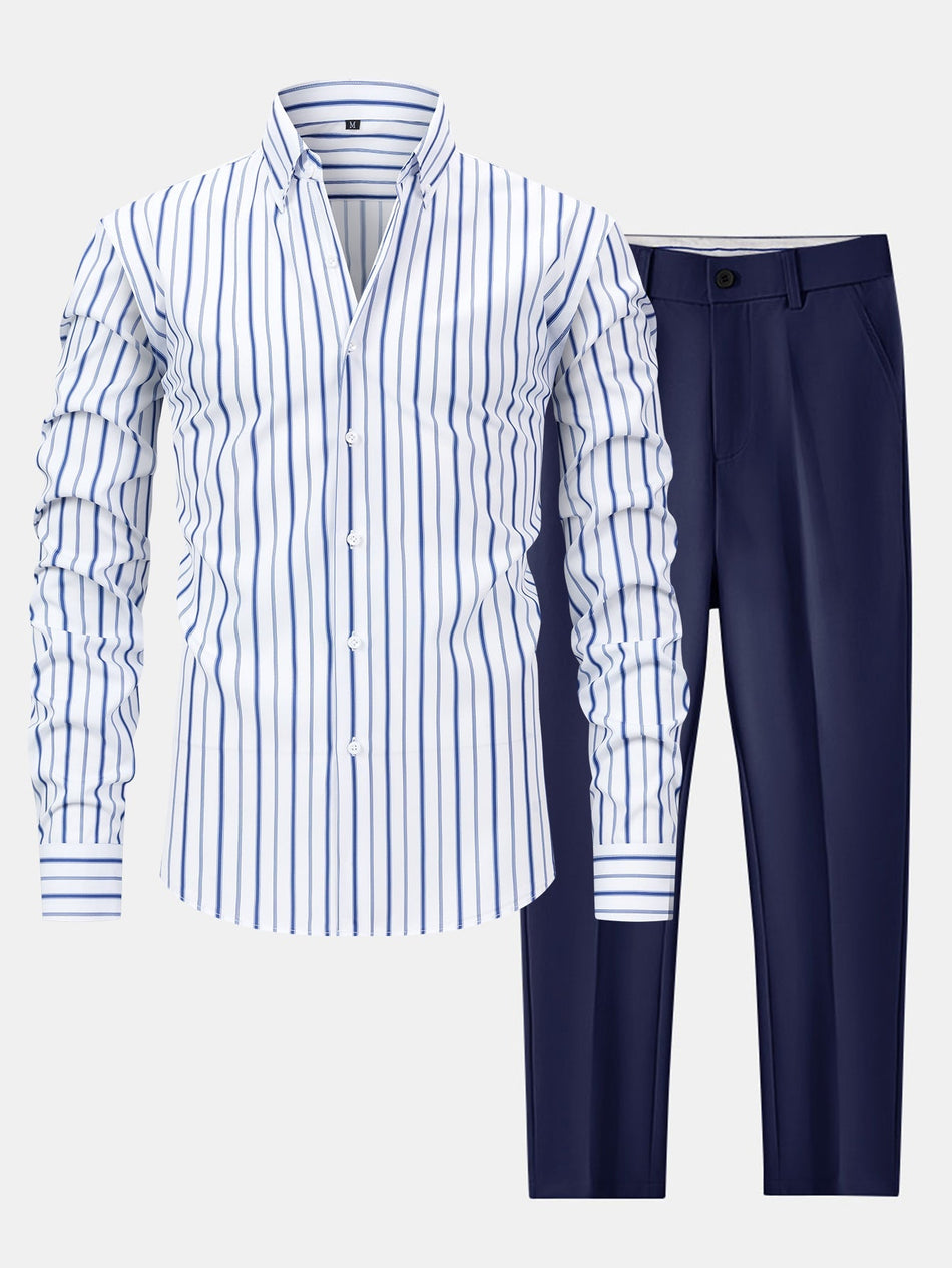 Long Sleeve Stripe Button Up Shirt & Slim Fit Tapered Trousers