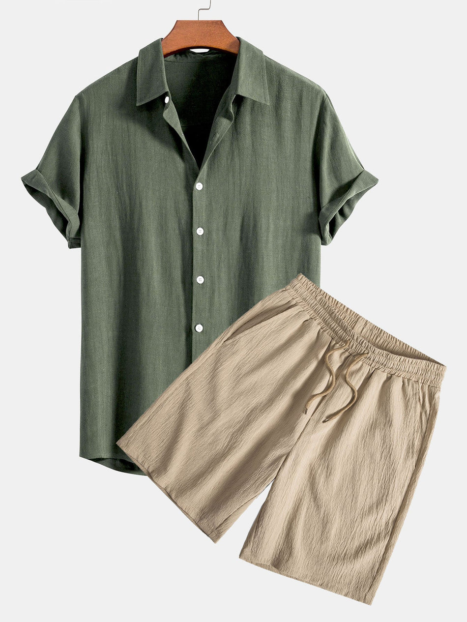Linen Rayon Blend Button Up Shirt & Crinkled Textured Drawstring Shorts